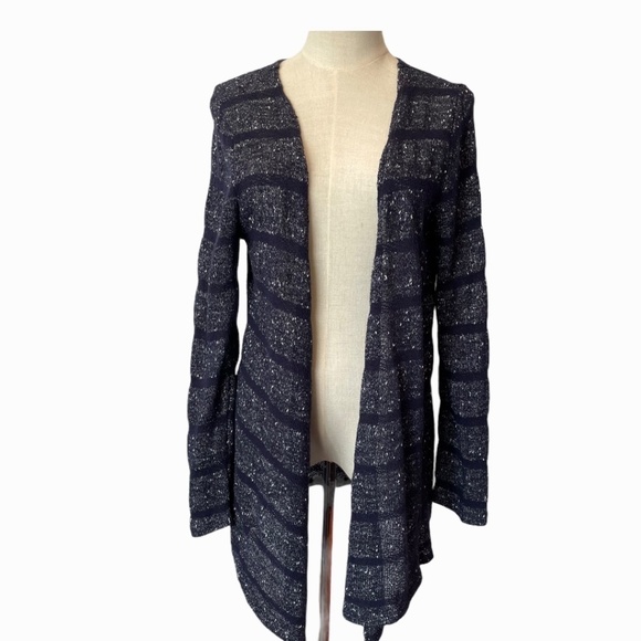Jess Sz.M Dark Blue Long Line Mid Length Striped Speckle Knit Cardigan Cozycore - Picture 1 of 8